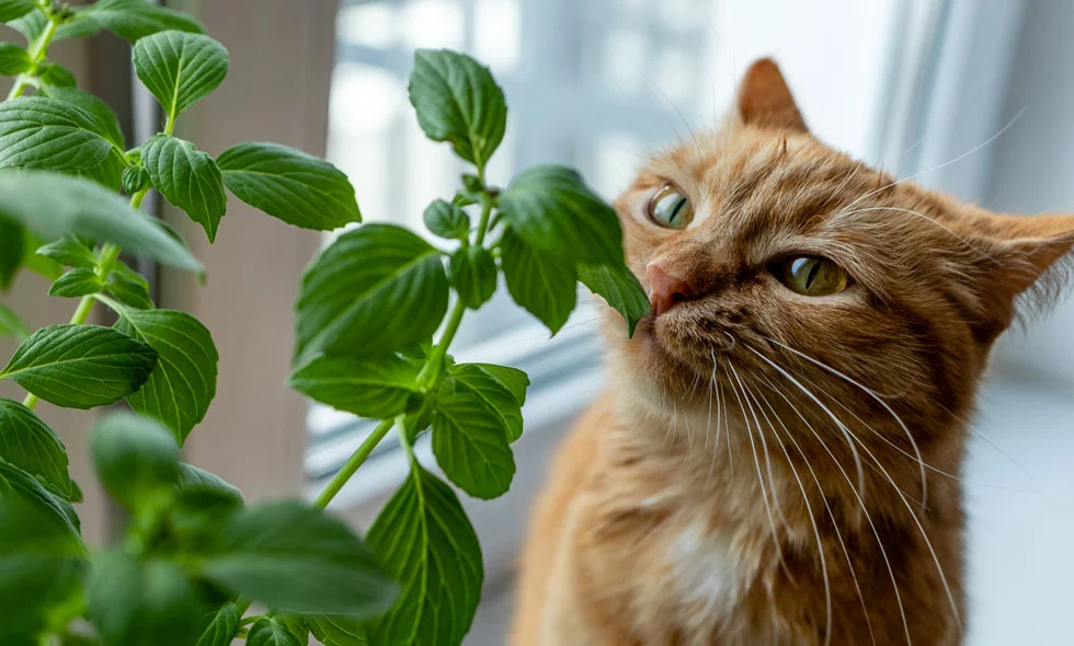 En orange katt sniffar på en grön växt, med stora nyfikna ögon, inomhus med dagsljus