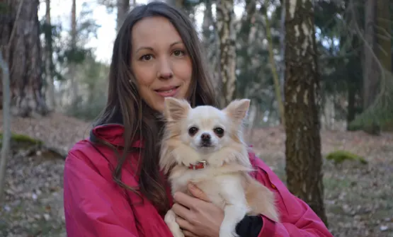 Kvinna håller en liten ljus chihuahua i skogen