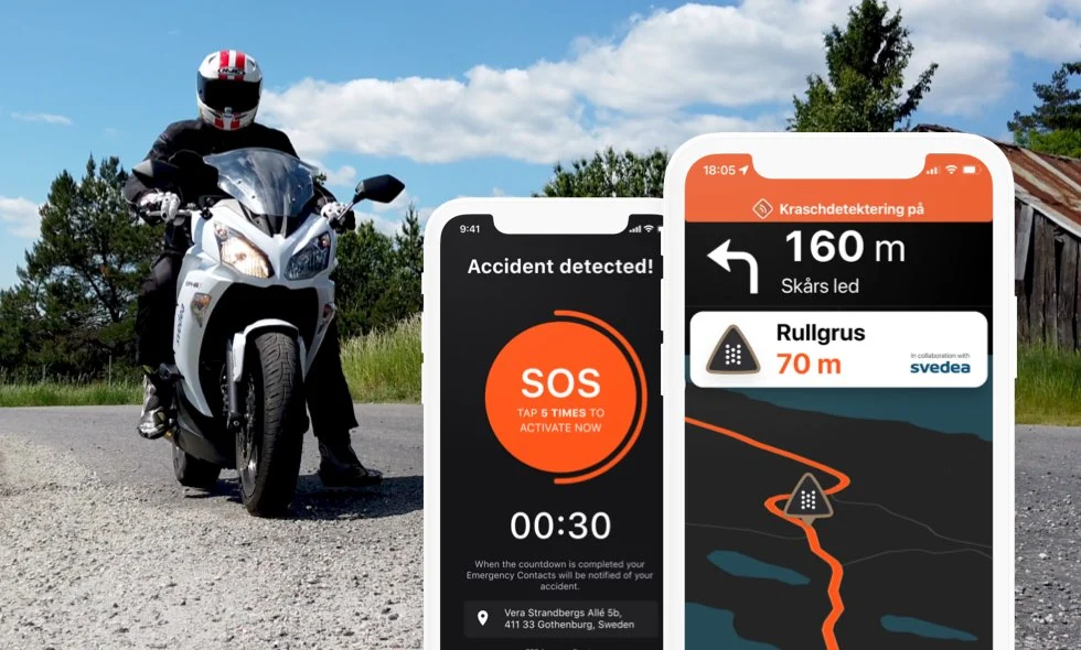 Motorcykel och smartphone med olycksvarningsapp