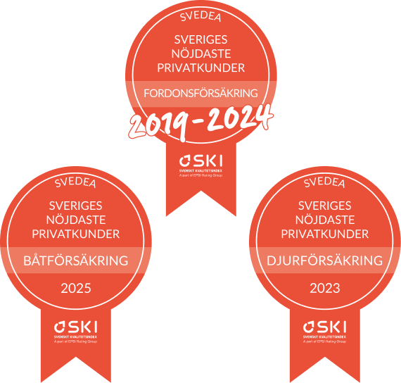 Sveriges nöjdaste kunder inom fordonsförsäkring 2019–2024, båtförsäkring 2025 och djurförsäkring 2023.