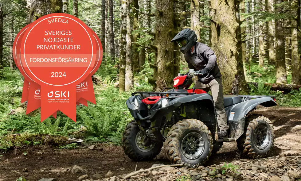 Person kör ATV från Yamaha genom grön, solbelyst skog med mossa och ormbunkar på marken.